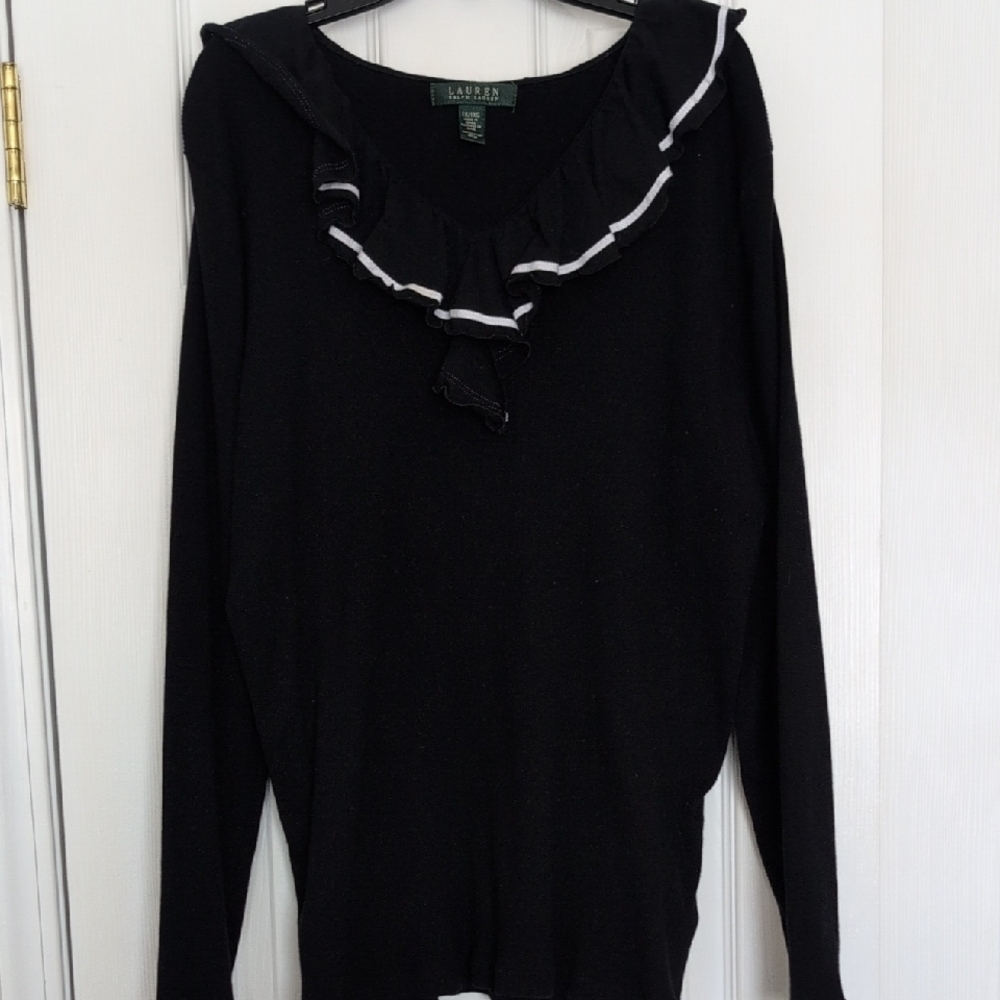 Lauren Ralph Lauren Black Cotton V-Neck Top